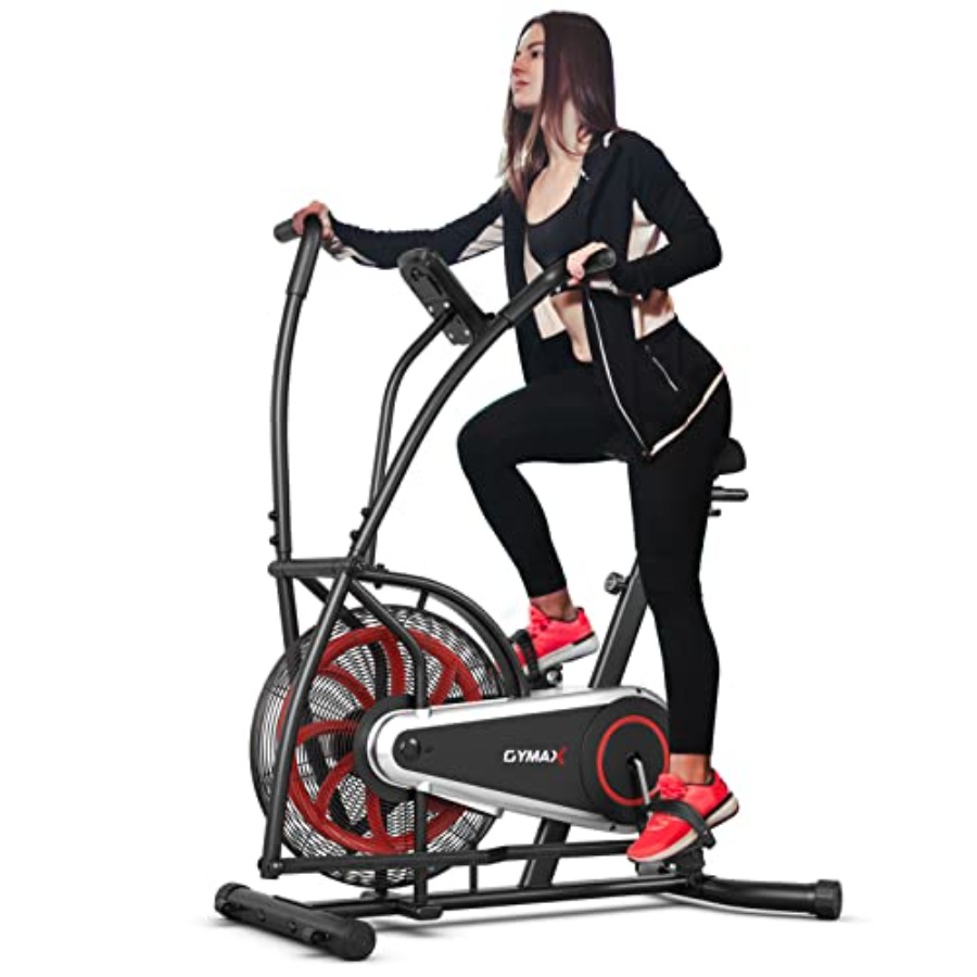 Home Gym Leg - เครื่องออกกำลังกายคาร์ดิโอสำหรับโฮมยิม: จักรยานฟันไบค์พร้อมระบบต้านแรงด้วยอากาศ, โครงเหล็กสีดำ, หน้าจอ LCD, ที่วางโทรศัพท์,