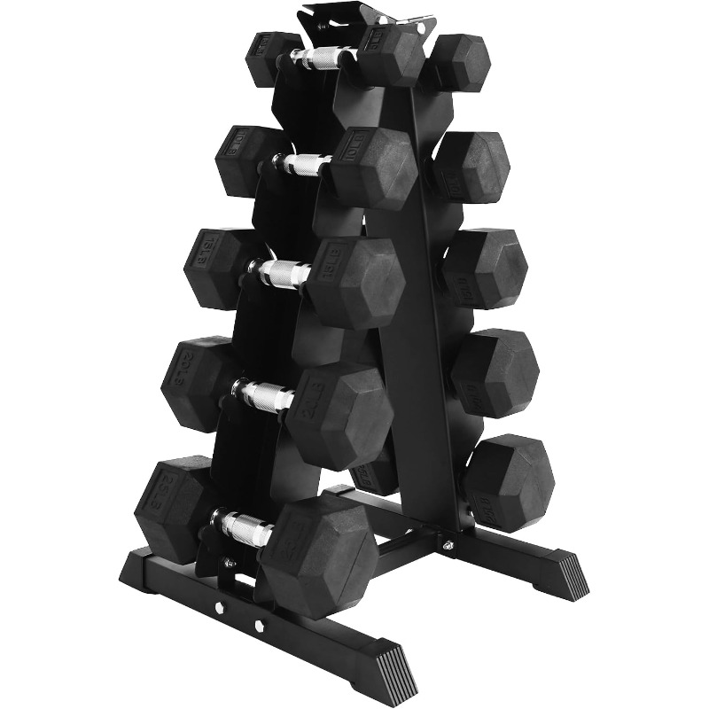 Hex Dumbbell Set - ชุดดัมเบลหุ้มยางทรงหกเหลี่ยมพร้อมชั้นวางเก็บ, ชุดน้ำหนัก 100 ปอนด์ หรือ 150