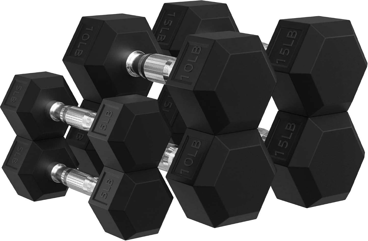Hex Dumbbell Set - ดัมเบลหุ้มยางทรงหกเหลี่ยมพร้อมชั้นวางเสริม, ชุดน้ำหนัก 10, 15, 20 ปอนด์